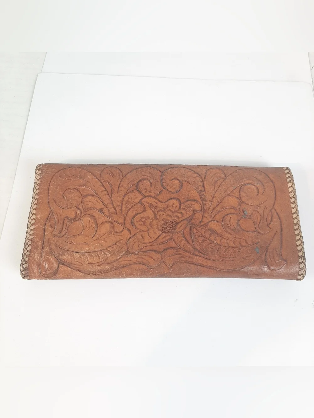 🛍Vintage Hand Tooled Leather Whipstitch Western Tri Fold Floral Wallet TurnLock